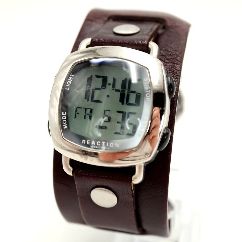 Kenneth Cole Reaction Square Digital 37mm Watch Y2K Wide Leather w New Battery